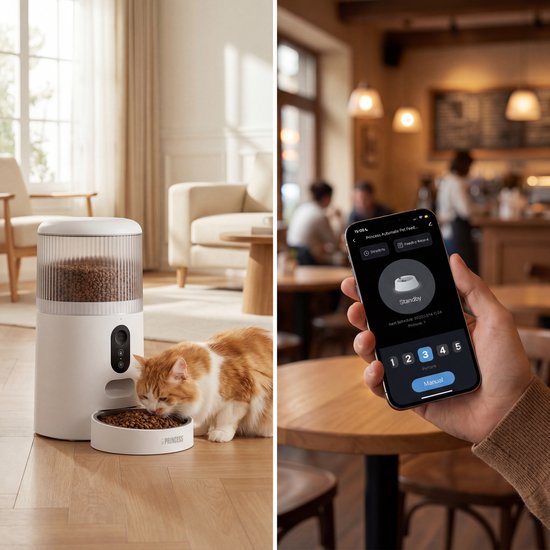Princess Automatische Voerbak - Smart 4 Liter - Kat & Hond - App Bediening - Droogvoer - Roestvrijstalen Kom – BPA‑vrij – Back‑up Batterij - Voerautomaat - Voerdispenser - 610040