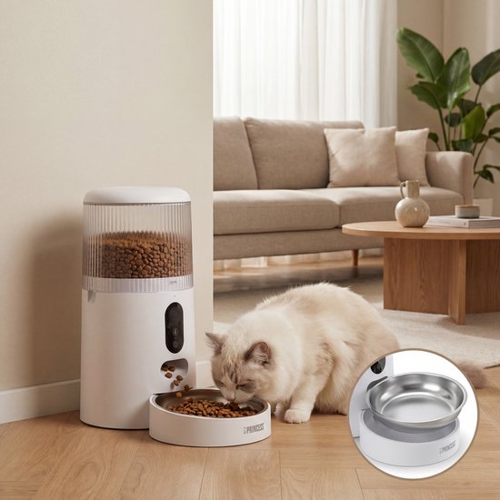 Princess Automatische Voerbak - Smart 4 Liter - Kat & Hond - App Bediening - Droogvoer - Roestvrijstalen Kom – BPA‑vrij – Back‑up Batterij - Voerautomaat - Voerdispenser - 610040