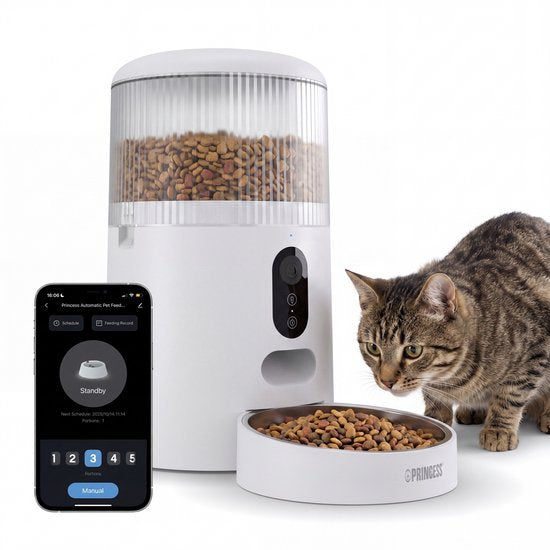 Princess Automatische Voerbak - Smart 4 Liter - Kat & Hond - App Bediening - Droogvoer - Roestvrijstalen Kom – BPA‑vrij – Back‑up Batterij - Voerautomaat - Voerdispenser - 610040