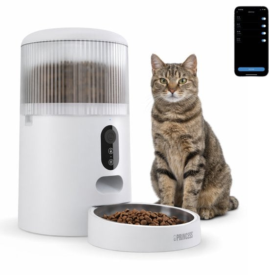 Princess Automatische Voerbak - Smart 4 Liter - Kat & Hond - App Bediening - Droogvoer - Roestvrijstalen Kom – BPA‑vrij – Back‑up Batterij - Voerautomaat - Voerdispenser - 610040